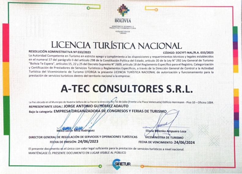 Licencia Turística Nacional de la empresa A-TEC CONSULTORES SRL